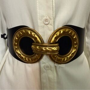 Black elastic waistband belt with old gold tone buckle
